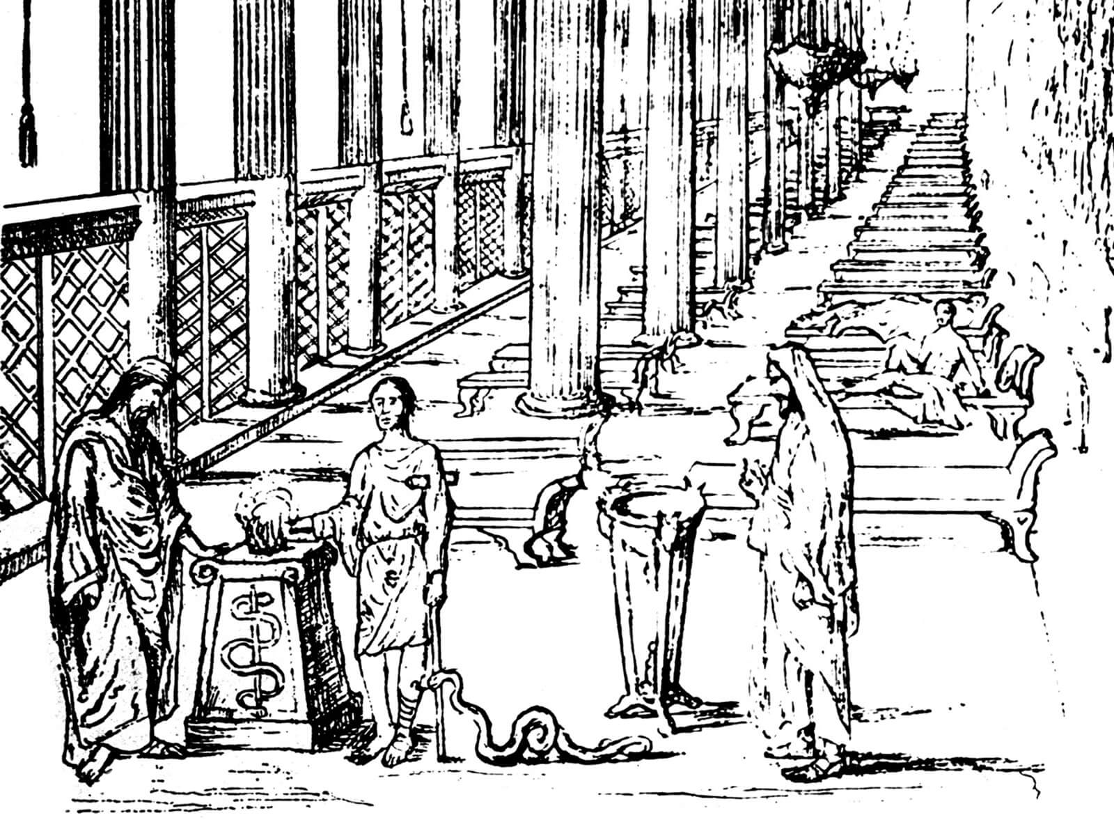 Imagining the interior of the abaton at Epidauros. In this illustration, a patient is shown making a sacrifice while his injured leg is licked by the sacred serpent. Illustration from Richard Caton, The Temples and Ritual of Asklepios at Epidauros and Athens, 1900.