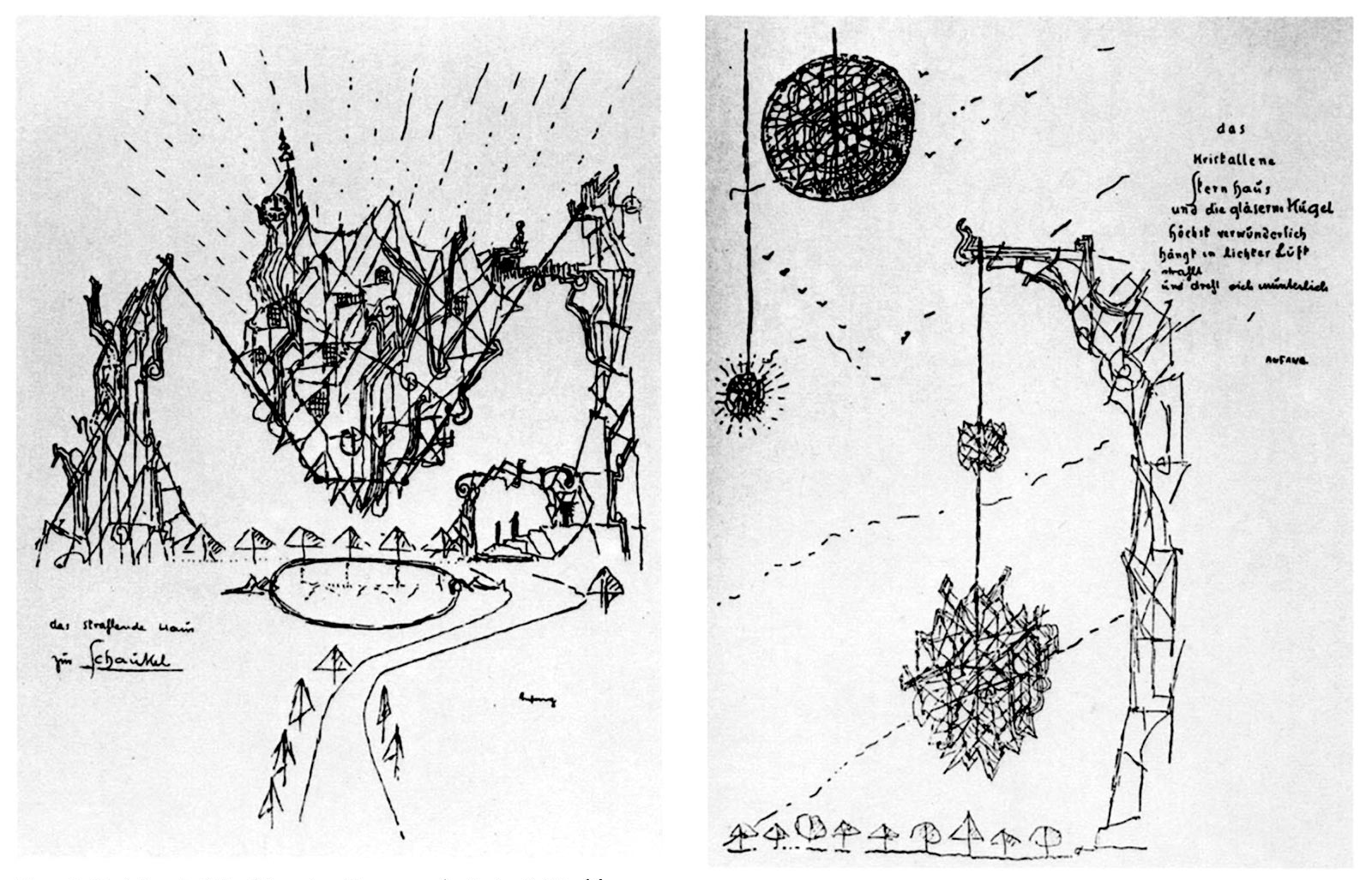 Carl Krayl, “The Gleaming House on the Swing” and “The Crystalline Star House and the Glass Sphere.” The sketches were originally published in Bruno Taut’s magazine Frühlicht in 1920.