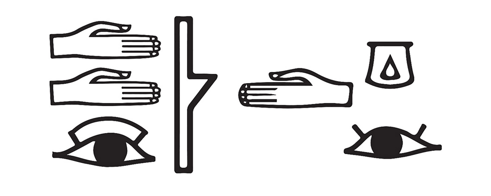 Hieroglyphs of hands, eyes, an a stick-like form.