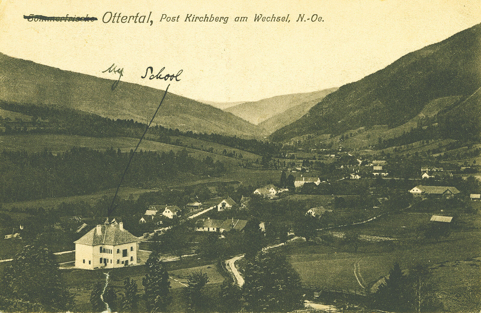 A postcard depicting a photograph of the Austrian village of Otterthal, sent by Ludwig Wittgenstein to William Eccles on the 12th of September nineteen twenty-five. Wittgenstein taught at the school he labels on the postcard from September nineteen twenty-four until April nineteen twenty-six, when knocking a boy unconscious brought his school teaching career to an end.