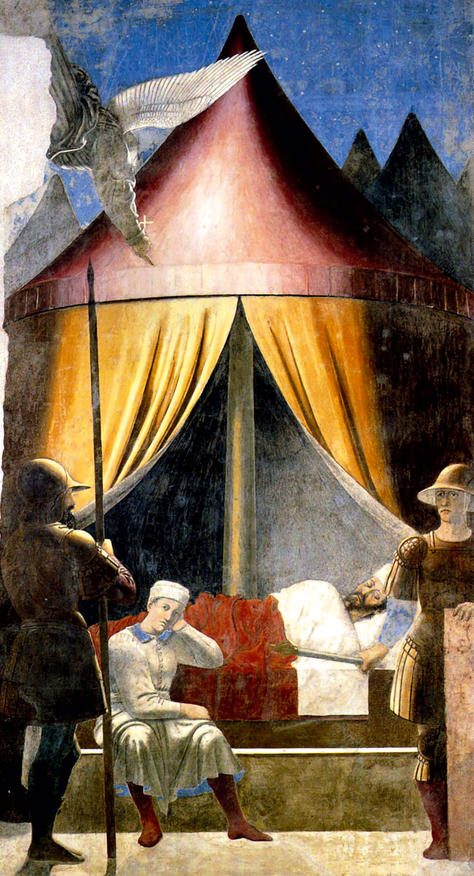 Piero della Francesca, Dream of Constantine, 1460s, located in Basilica di San Francesco, Arezzo, Italy. The fresco depicts one of the last pan-Mediterranean legends of dream sharing. In 312, the Emperor Constantine, on the eve of the Battle of the Milvian Bridge with his rival Maxentius, is said to have dreamt of a cross emblazoned with the words, “By this sign you will conquer.” Victorious, he would convert himself, and the Roman Empire, to Christianity.
