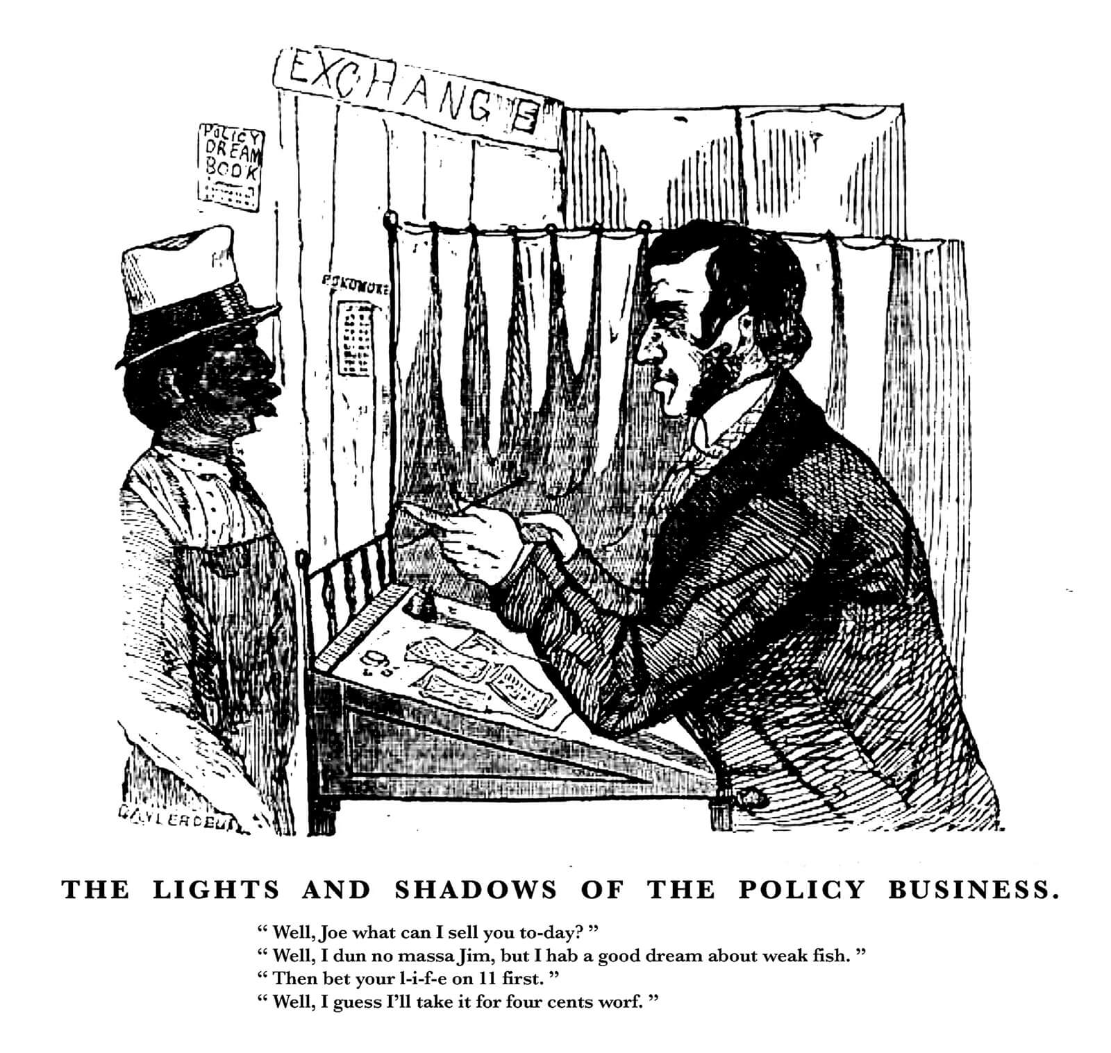 “The Lights and Shadows of the Policy Business,” a racist caricature that appeared in the National Police Gazette on 1 July 1848.