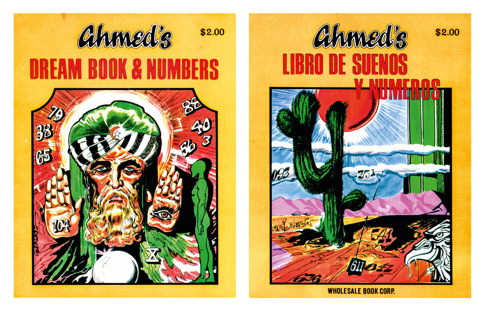 Front and back covers of Ahmed’s Dream Book & Numbers, illustrated by the African American fetish cartoonist Eugene Bilbrew. Like a number of dream books published by the Wholesale Book Corporation, this 1972 volume was offered as a combined English-Spanish edition.