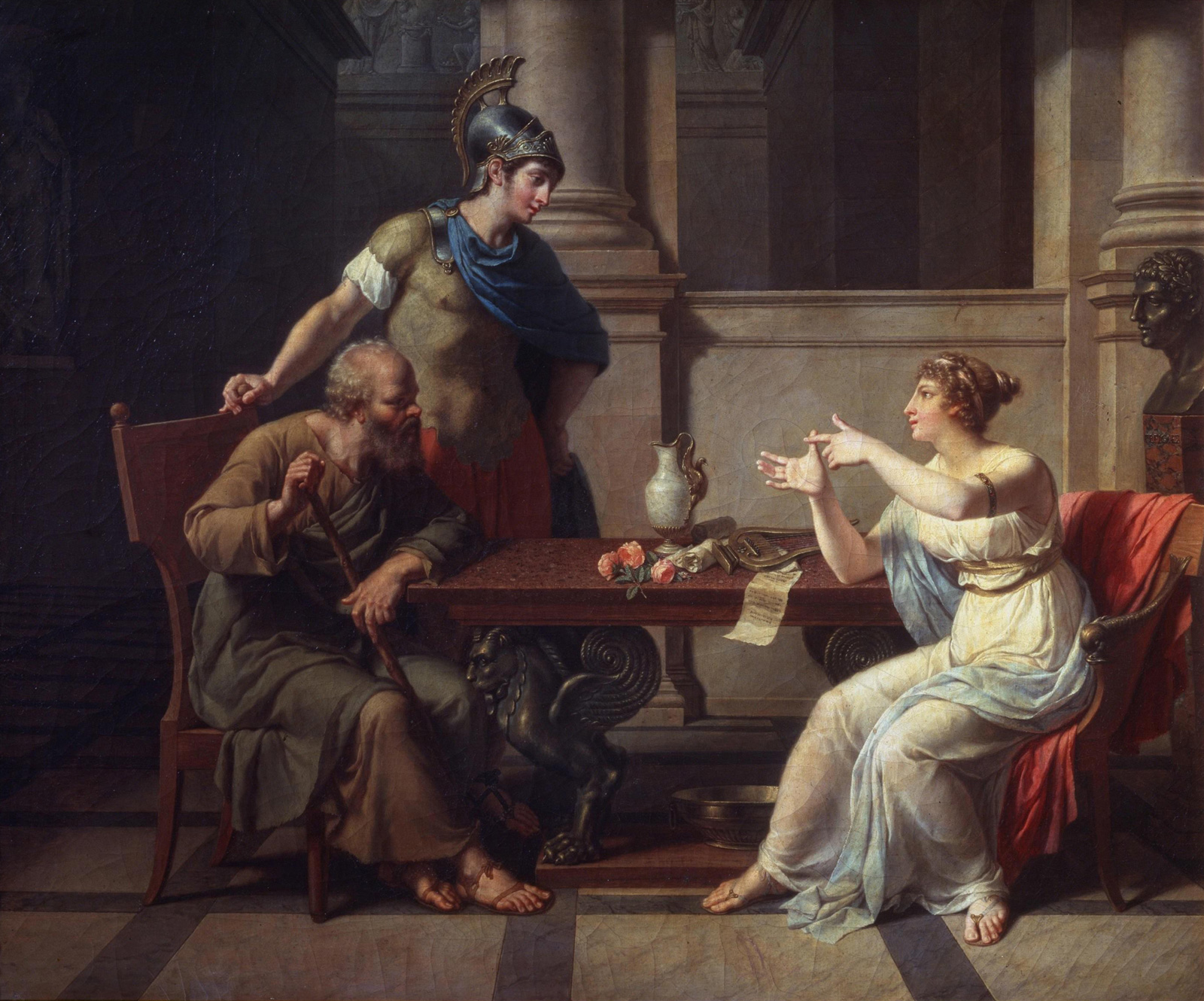 An 1801 painting by Nicolas Monsiaux entitled The Debate of Socrates and Aspasia depicting a conversation between the philosopher and the orator, with Alcibiades standing next to Socrates.