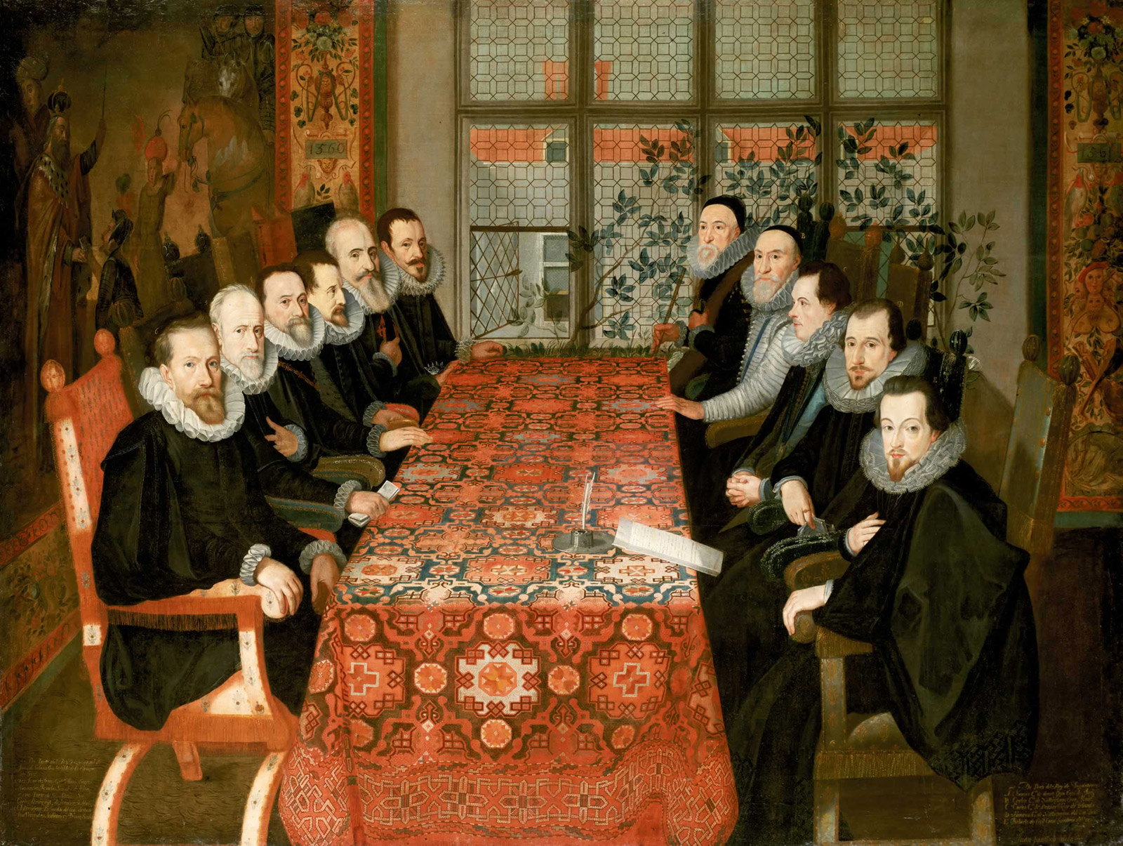 Seventeenth-century painting attributed to Juan Pantoja de la Cruz depicting the sixteen oh four Somerset House Conference, in which a carpet was used as the tablecloth.