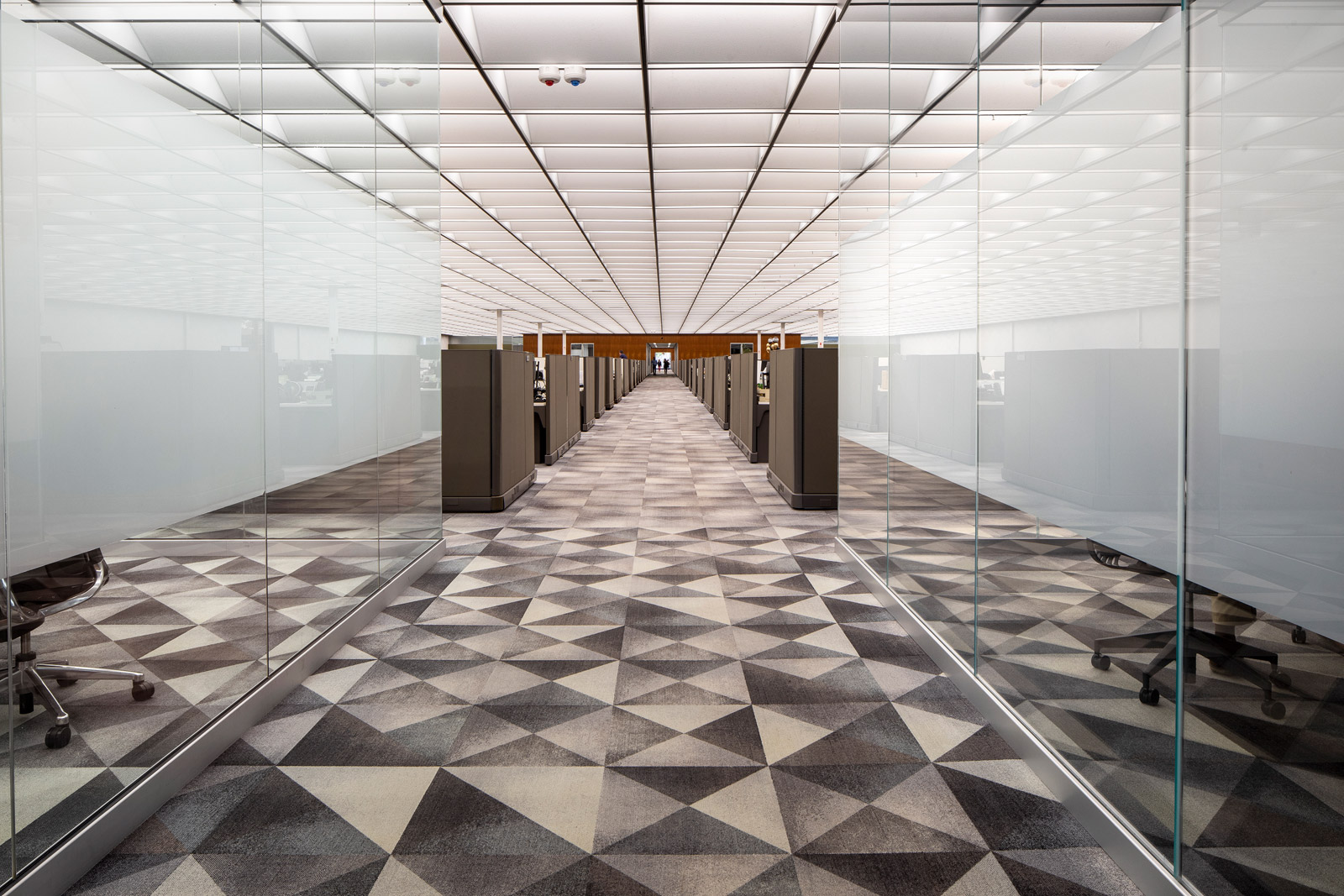 A photograph of a carpeted office space at the Roger Milliken Center in Spartanburg, South Carolina.