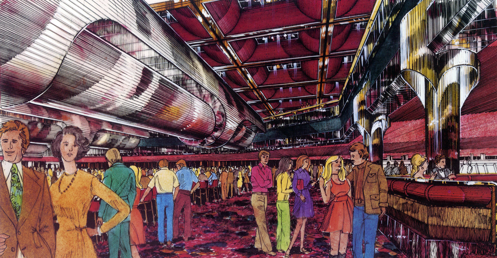 Illustration of Martin Stern Jr.’s vision for the main floor of the unrealized Sahara Boardwalk casino in Atlantic City, New Jersey, circa nineteen eighty. The illustration features a magenta carpet.