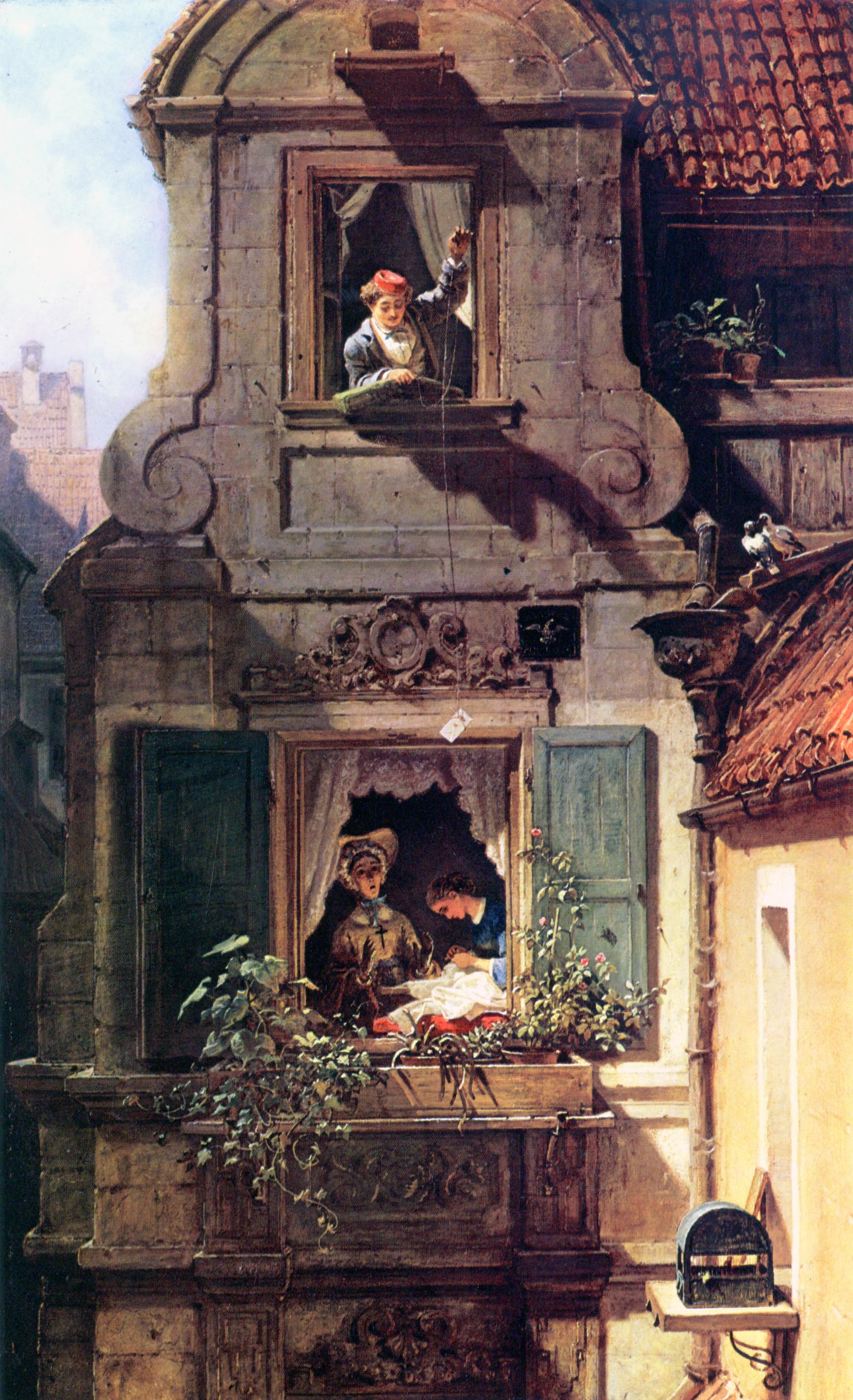 An eighteen fifties painting by Munich-based artist Carl Spitzweg titled “The Intercepted Love Letter.”