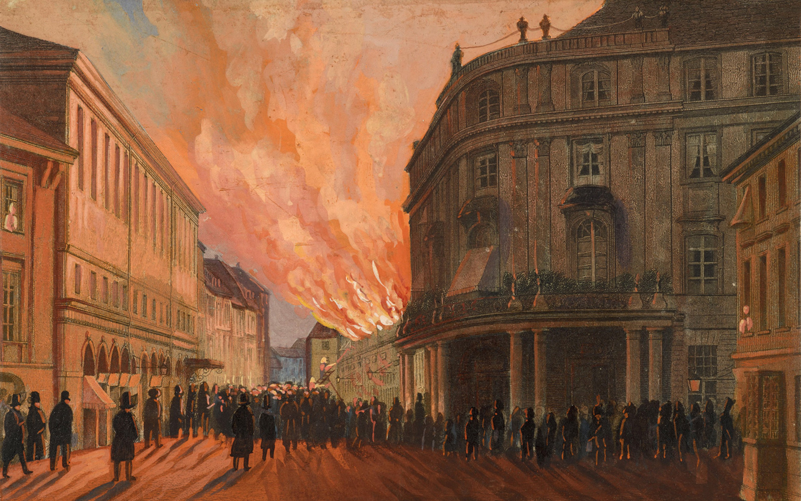 An eighteen thirty-three engraving of a crowd watch firefighters at work in central Berlin.