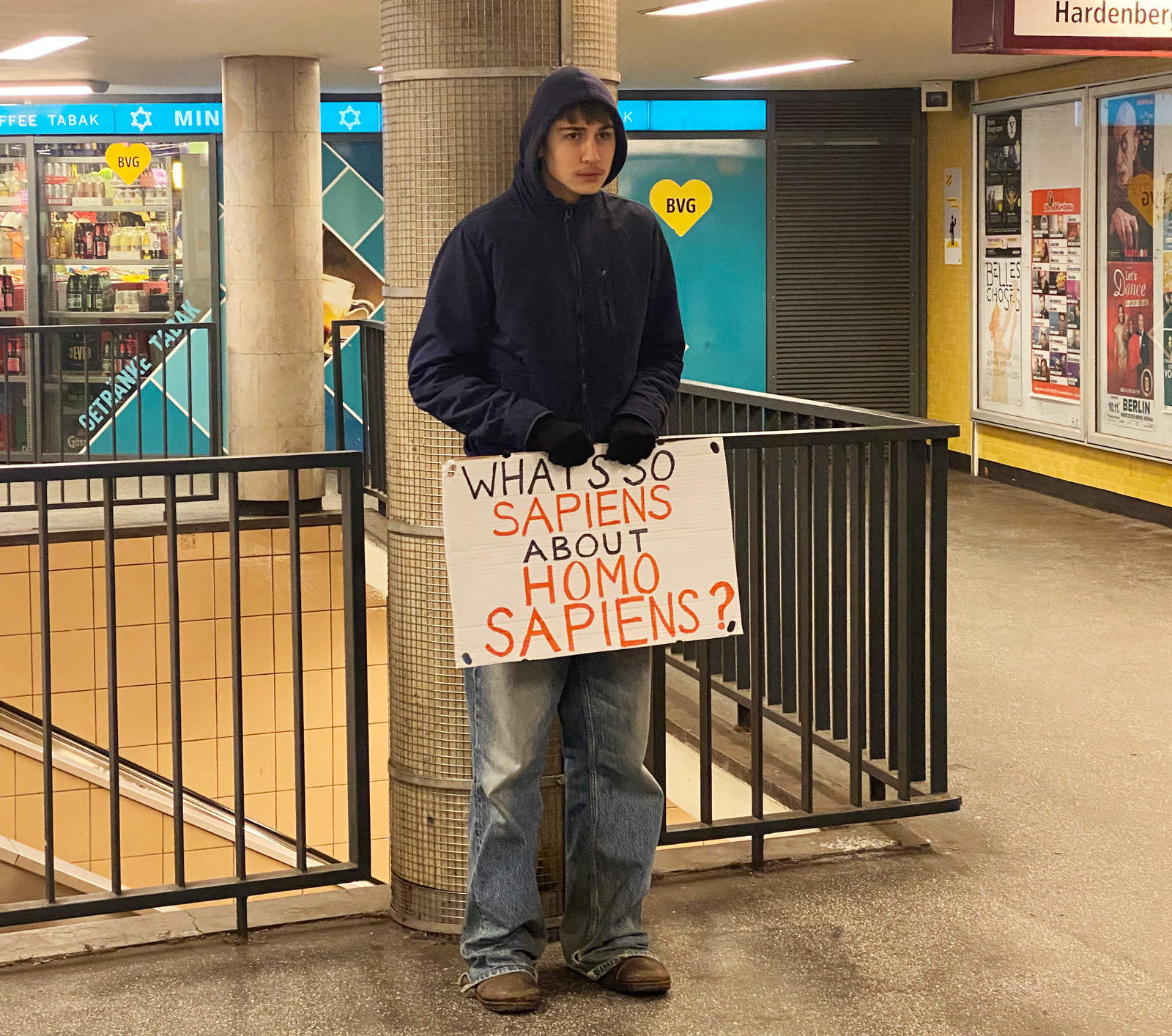 “What’s so sapiens about Homo sapiens?” A young activist protesting in the Berlin subway, 6 January 2024.