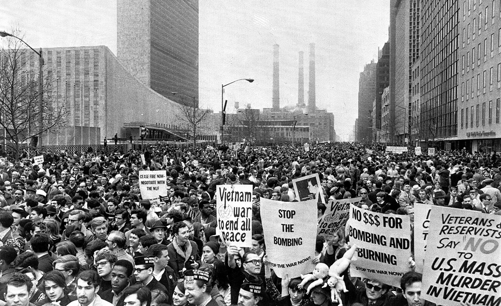 A nineteen sixty-seven photograph of an anti-Vietnam War demonstration at the United Nations Plaza in New York.