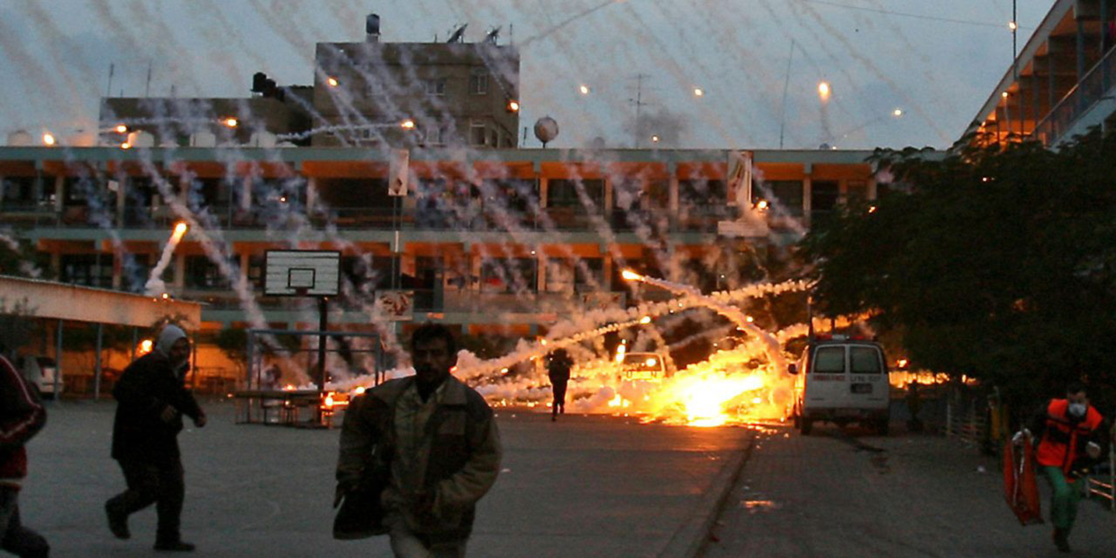 Israeli phosphorus bomb landing during Operation Cast Lead on a school operated by the United Nation Relief and Works Agency for Palestine Refugees in the Middle East, Beit Lahiya, Gaza, 17 January 2009. The use of phosphorus bombs in civilian areas is prohibited by international law. Photo Iyad El-Baba / UNRWA.