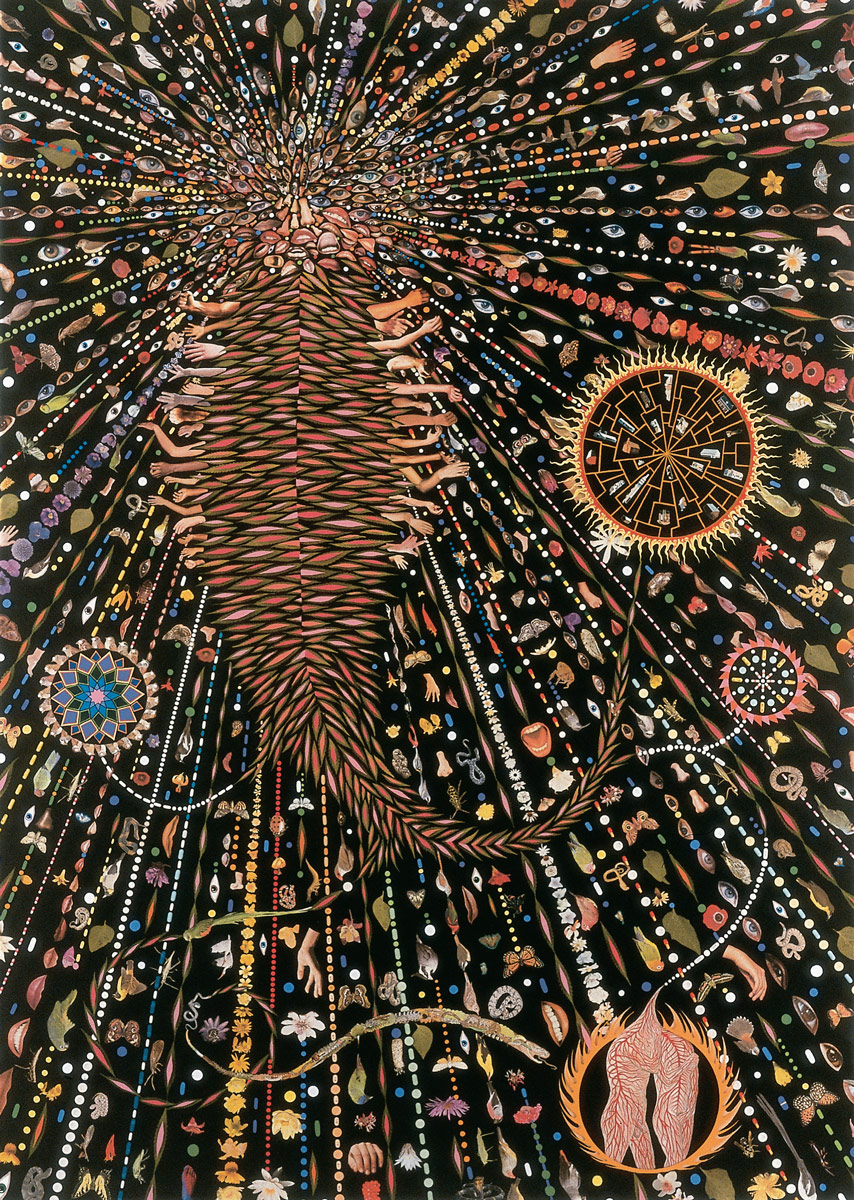 A 2001 painting by Fred Tomaselli entitled “Monsters of Paradise.”