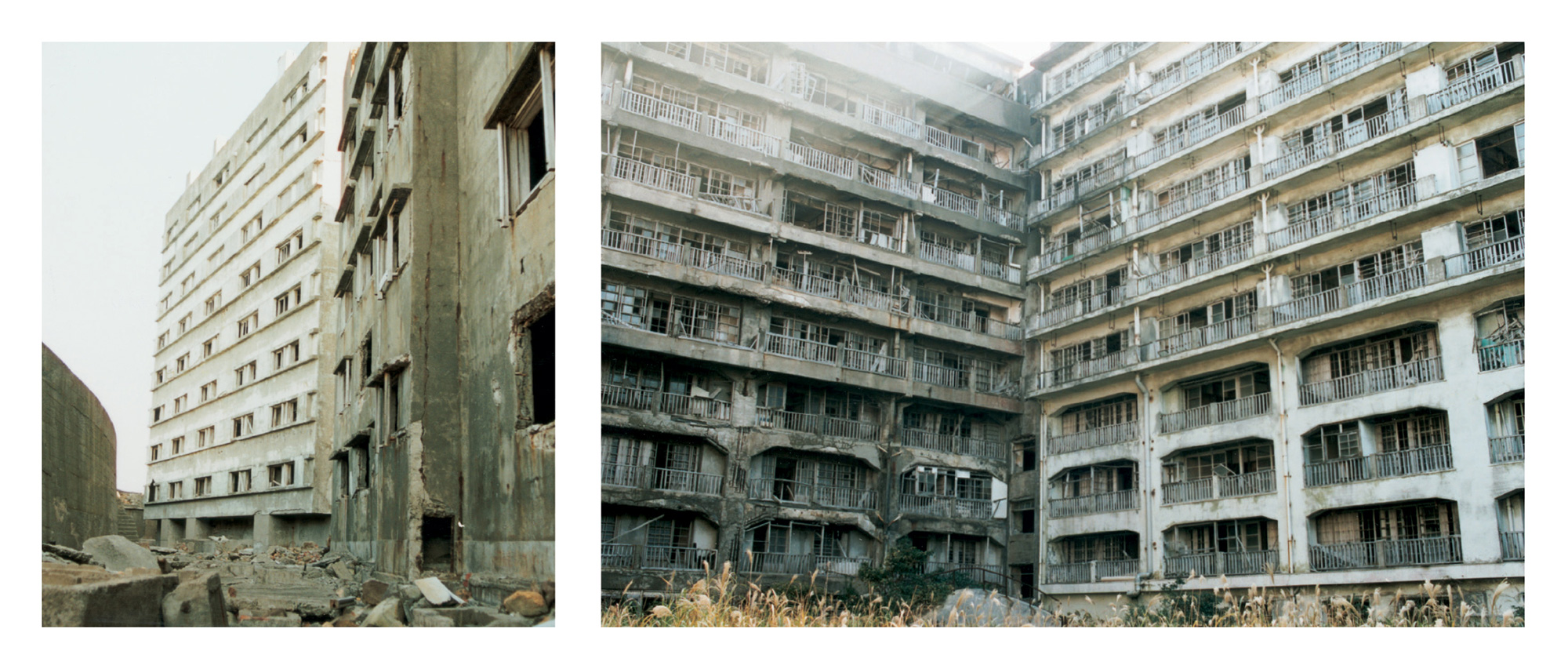 Two 2001 photographs of residential apartments on Hashima.