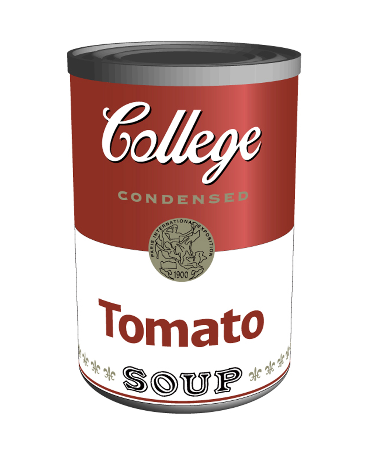 A rendering of a can in the style of Campbell's tomato soup, but with the word “Campbell's” replaced by the word “College.”