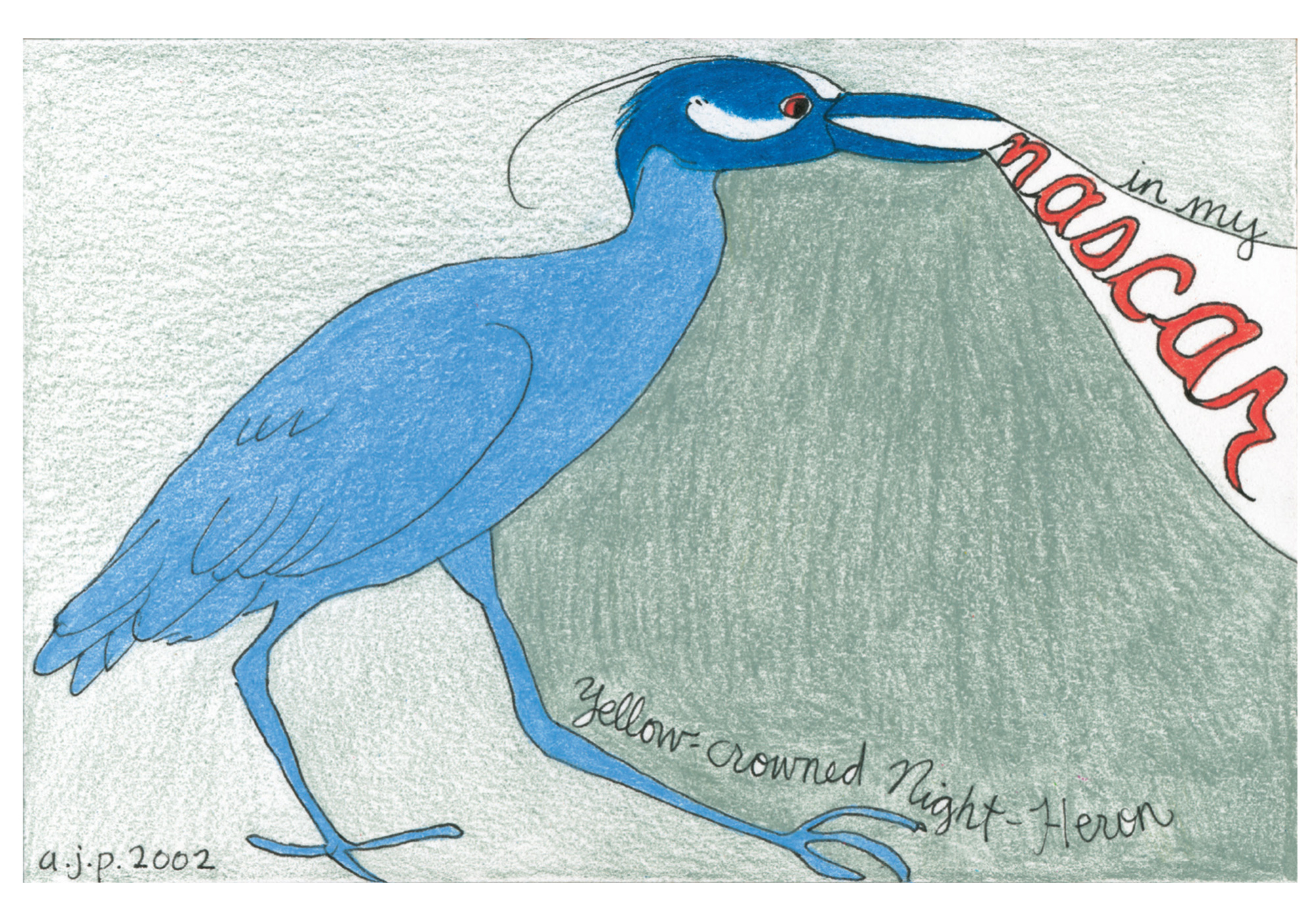 A 2002 drawing by Amy-Jean Porter of a yellow-crowned night heron singing the words 