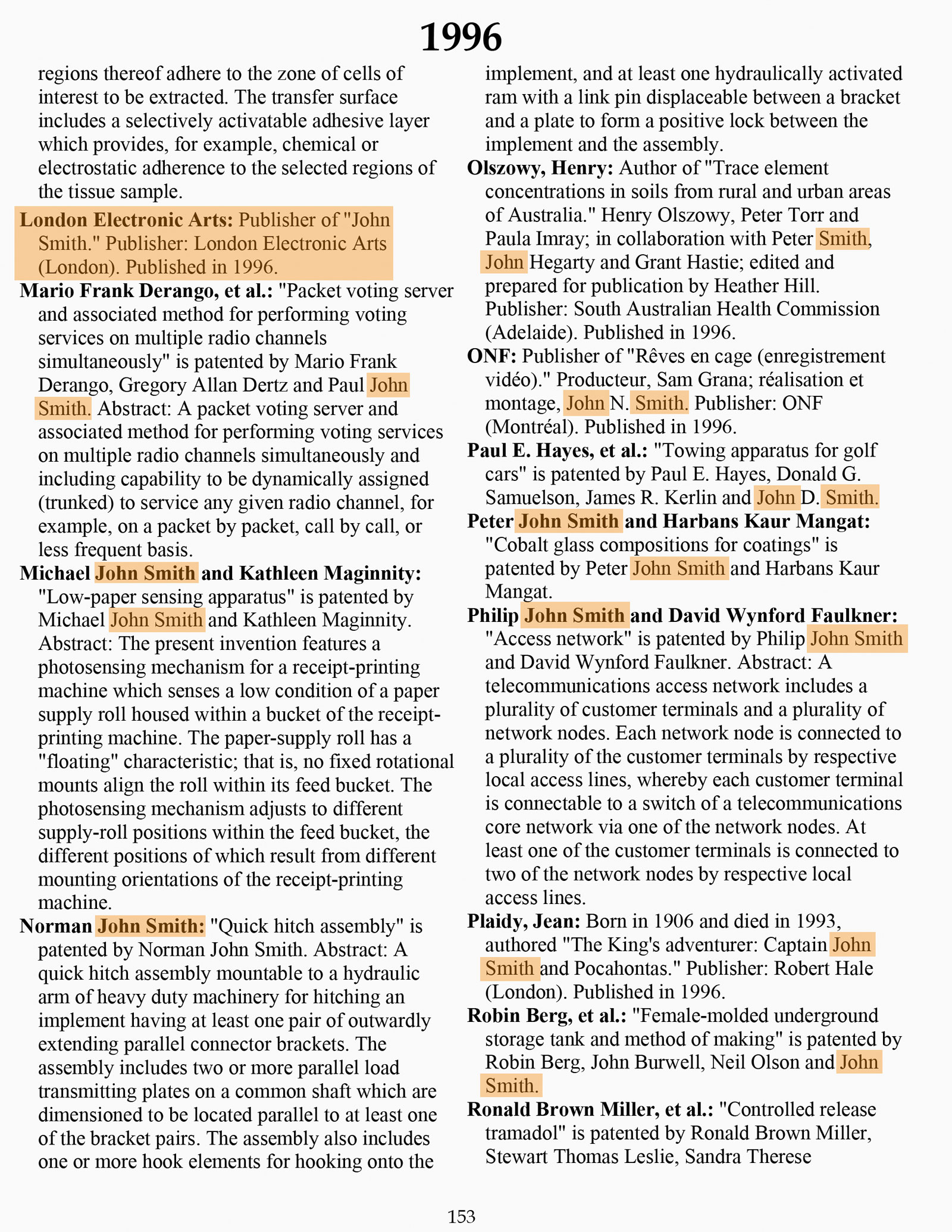A page of the Webster’s Timeline History: John Smith book with entries on John Smith’s VHS compilation of short films from London Electronic Arts, on scientific patents, and on the film Rêves en Cage.
