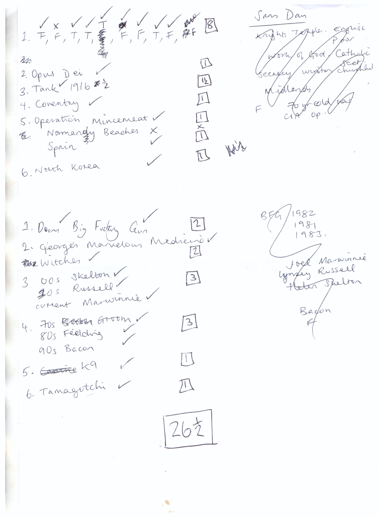 Team 3’s handwritten answer sheet to the Secrecy quiz round