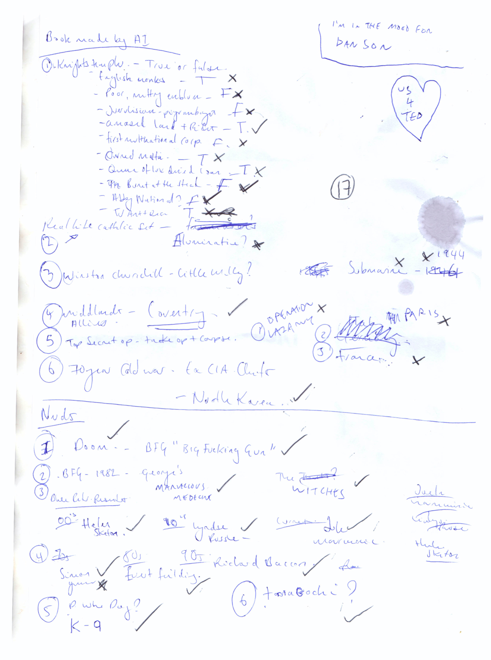 Team 6’s handwritten answer sheet to the Secrecy quiz round