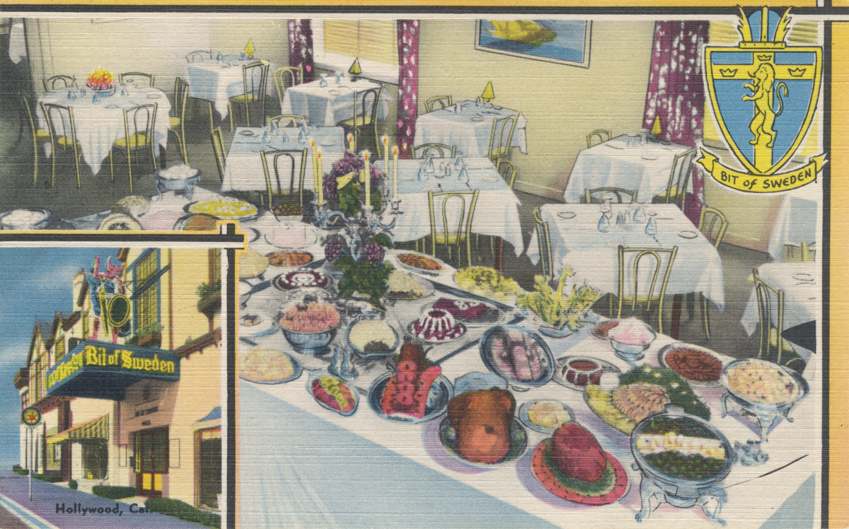 Postcard from the Bit Of Sweden Restaurant, Sunset Boulevard, Hollywood, California, nineteen forties.