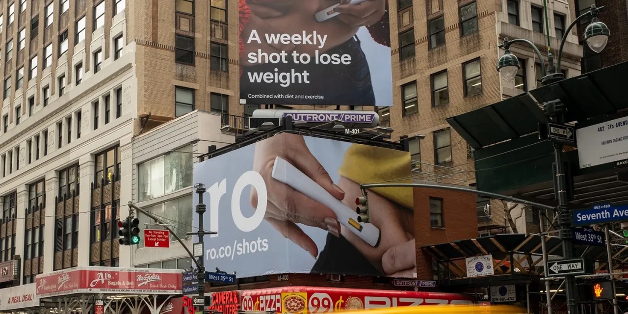 Photograph of contemporary advertisements for GLP-one drugs and ninety-nine cent pizza in New York City.