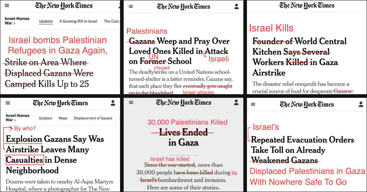 A compilation of tweets by scholar Assal Rad correcting the systematically misleading headlines of “The New York Times.”