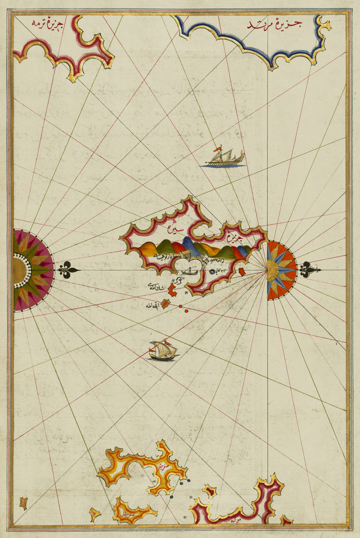 Colorful map of Syros with Arabic script.