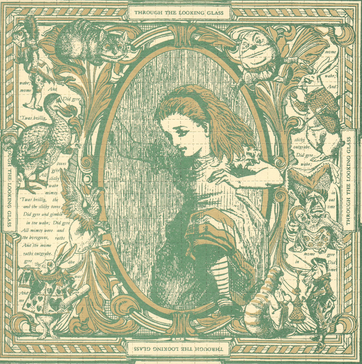 The front of a sheet of blotter acid paper featuring a design including characters and text from Lewis Carroll's 