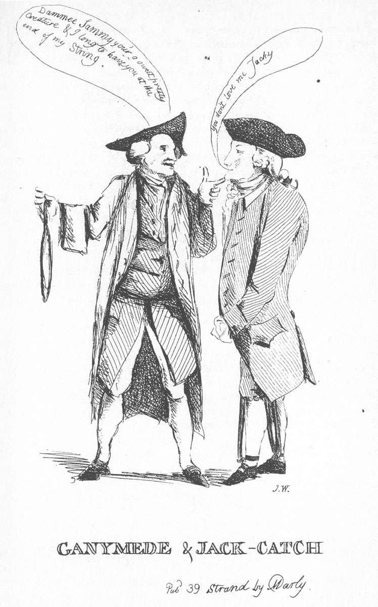 A satirical illustration by M. Darly from 1771 depicting bookseller and jeweler Samuel Drybutter (captioned as “Ganymede”) bantering with the hangman (captioned as “Jack-Catch”) after the former was arrested for “attempted sodomy” on a London street.