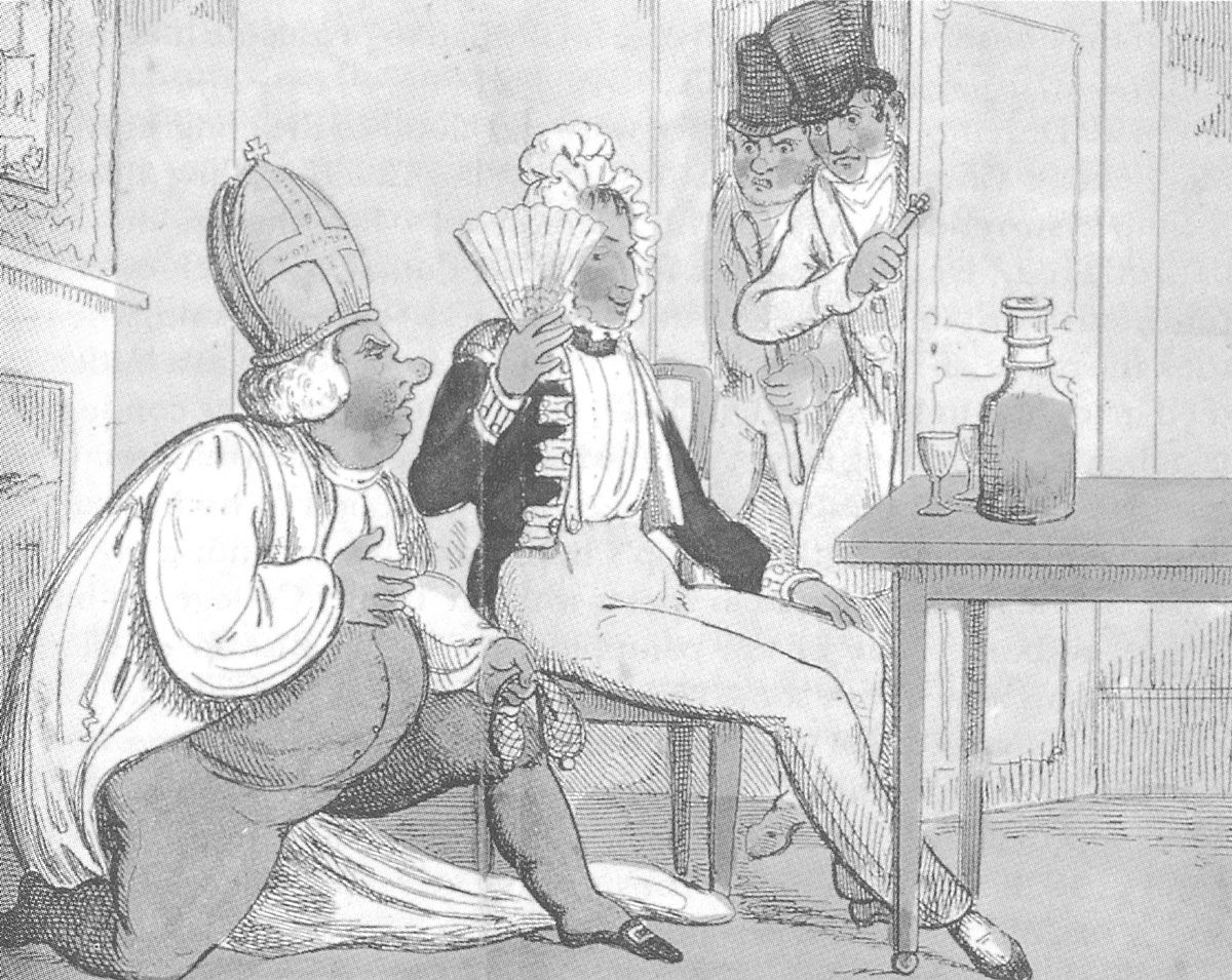 An undated illustration depicting Percy Jocelyn, Lord Bishop of Clogher, being caught 
