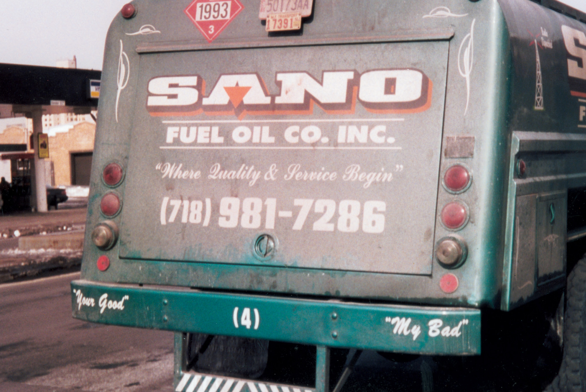 A photo by Joseph Fratesi of the back of a truck with the words 