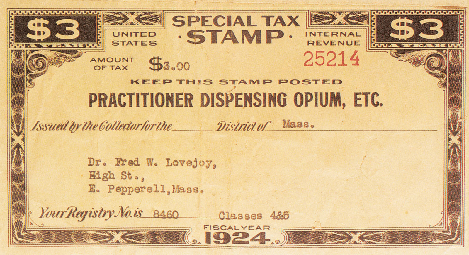 An image of a nineteen twenty four American narcotics tax stamp printed by the Internal Revenue Service.