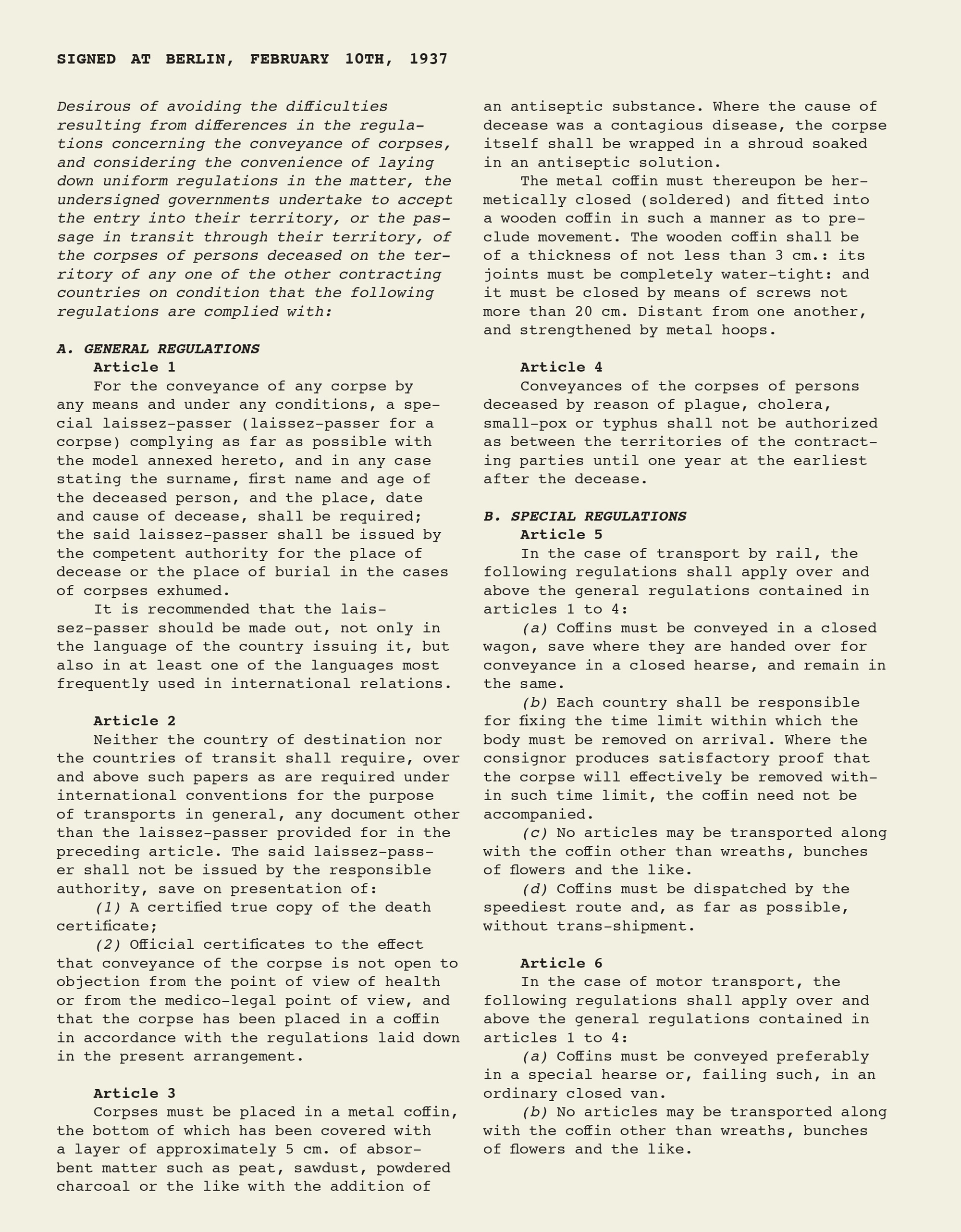 Page one of the International Arrangement Concerning the Conveyance of Corpses, presented as a form.