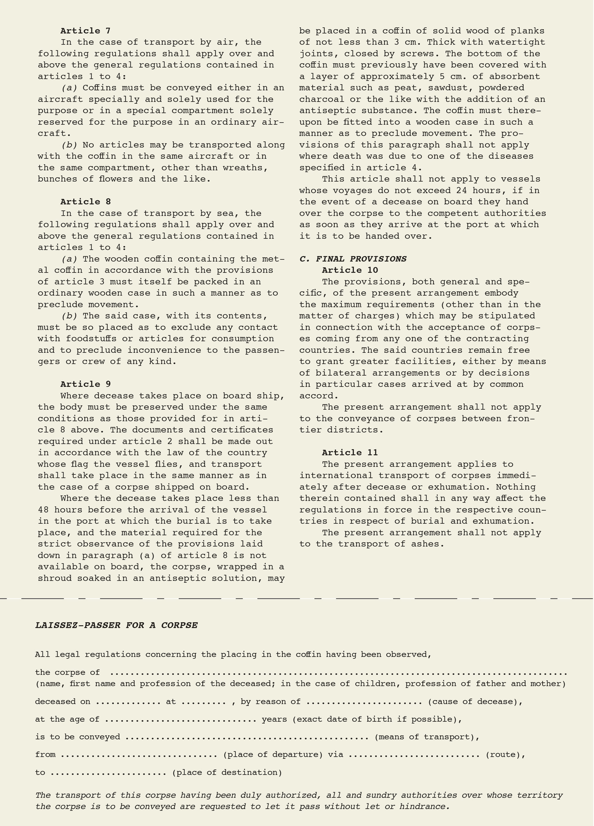 Page two of the International Arrangement Concerning the Conveyance of Corpses, presented as a form.