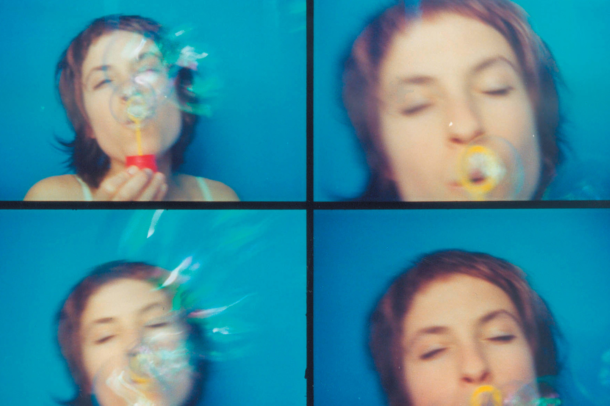 Four Lomographic images depicting a woman blowing soap bubbles.