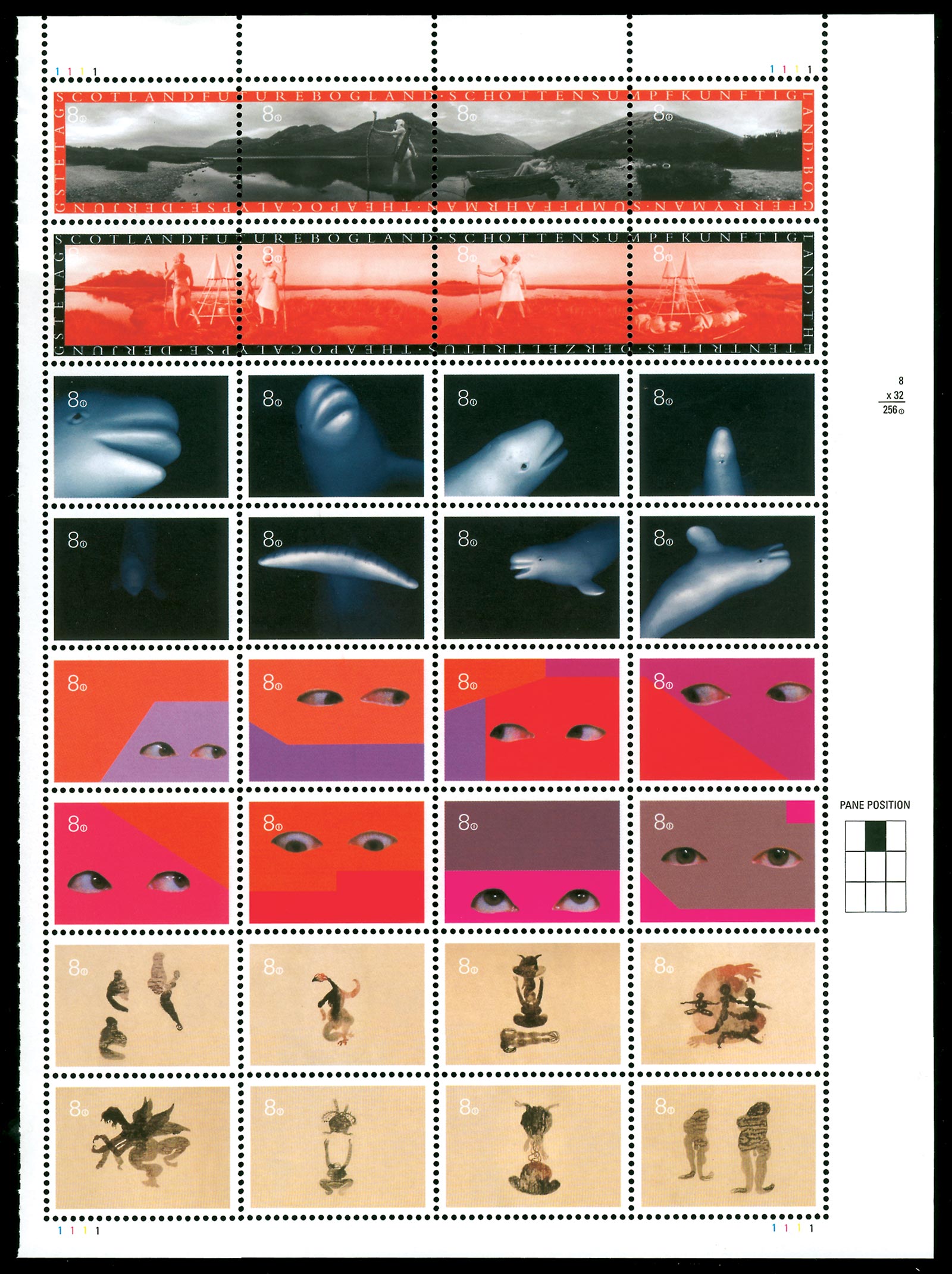 A page of artist-designed postage stamps featuring eight each by Kahn & Selesnick, Richard Massey, Ruth Root, and Shazia Sikander.