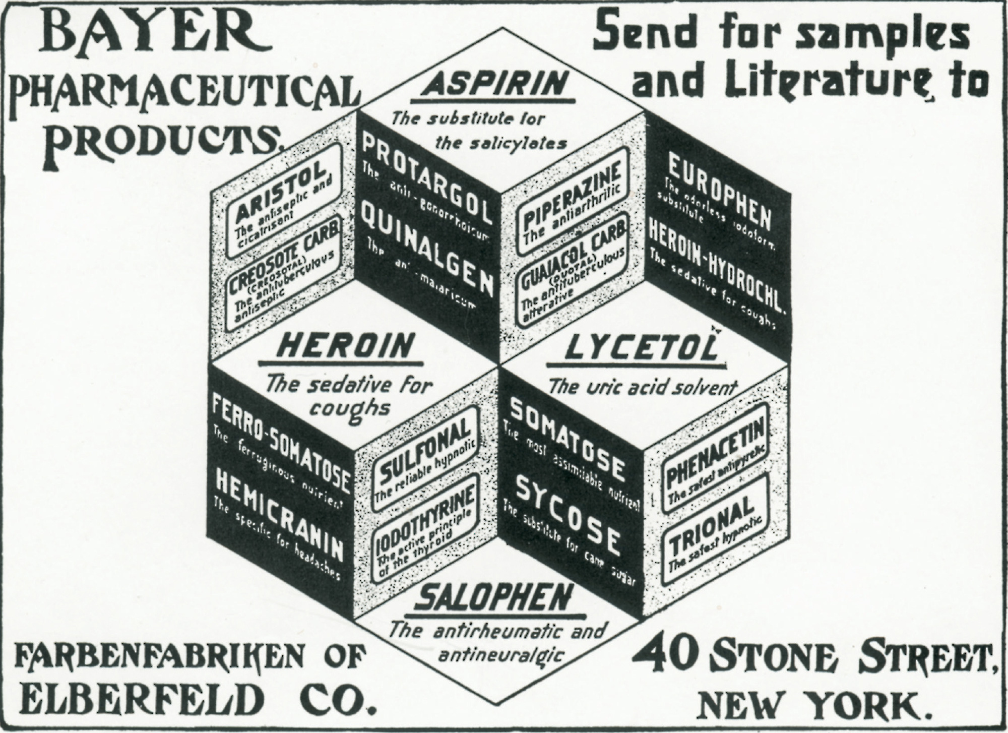 Promotional leaflet sent by Bayer to physicians. Aspirin and heroin were synthesized within two weeks of each other by Bayer’s Felix Hoffman in August 1897. Heroin was initiallly marketed to suppress coughs and to relieve the pain of childbirth. It was banned in most countries in the 1930s.