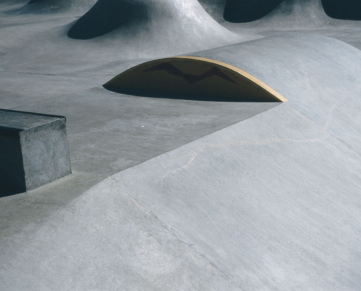 A 2000 photograph by artist Jocko Weyland depicting a detail of a skatepark in Newburg, Oregon.