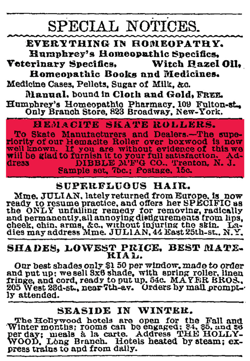 Advertisement hawking hemacite skate wheels in the 11 October 1885 edition of the New York Times.