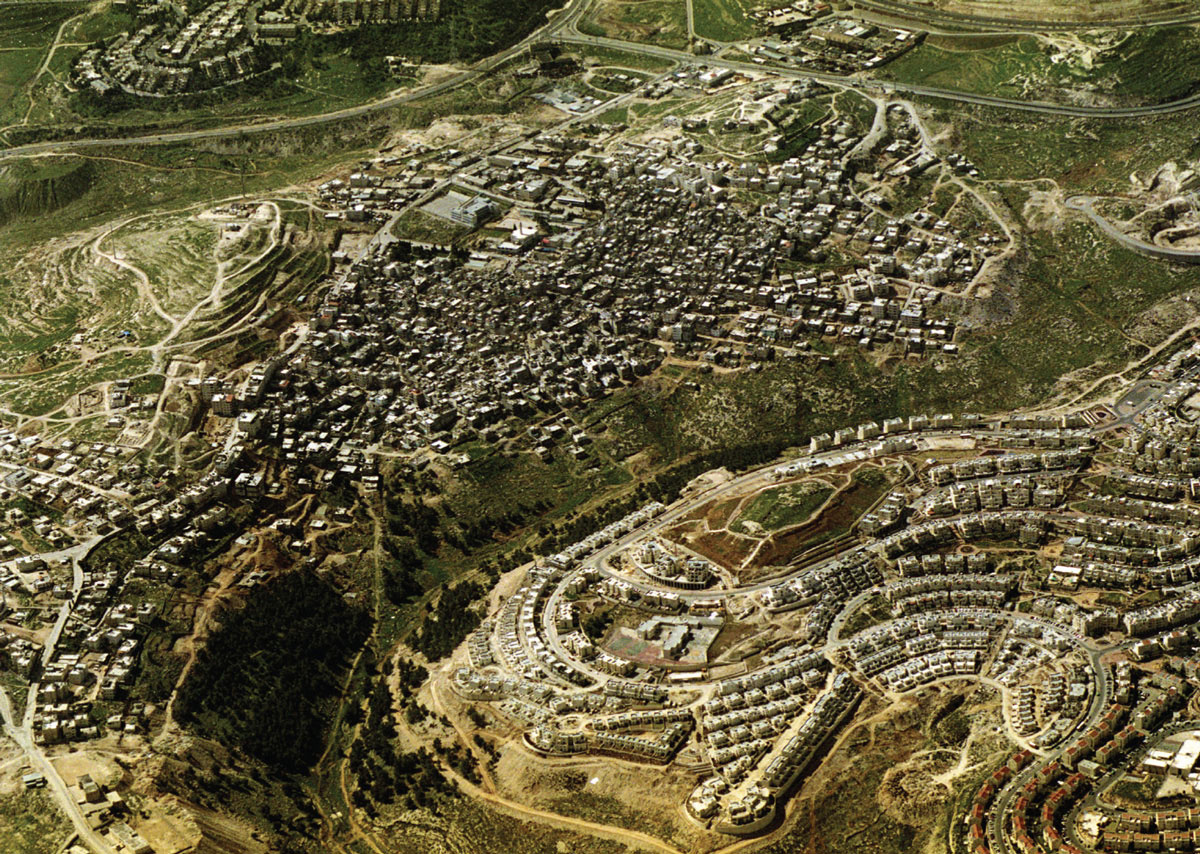 Aerial view of the Palestinian village of A Taybe and the Israeli settlement of Ofra, which lie near Ramallah.