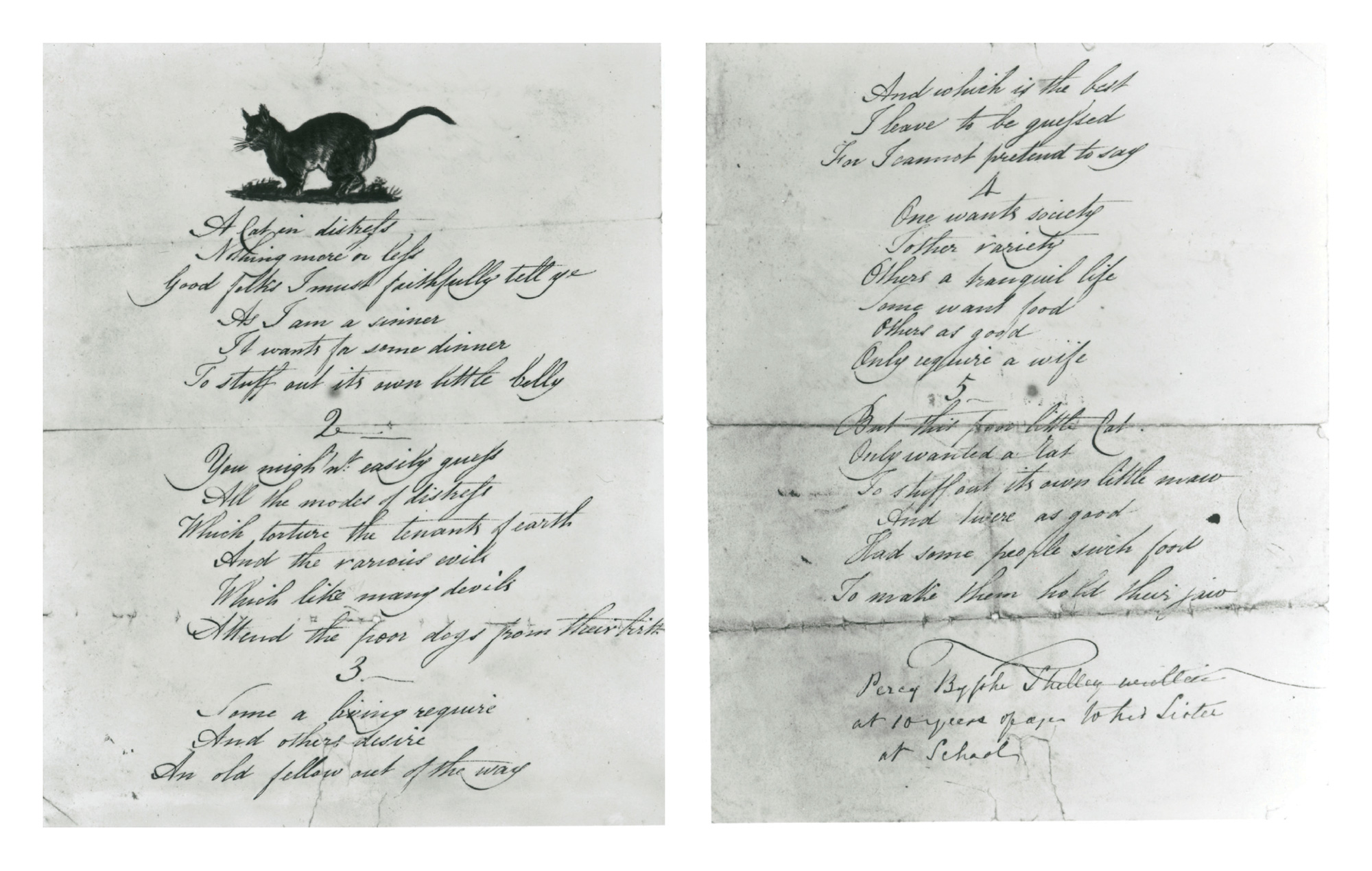 Percy Bysshe Shelley’s poem “A Cat in Distress,” written around 1804.