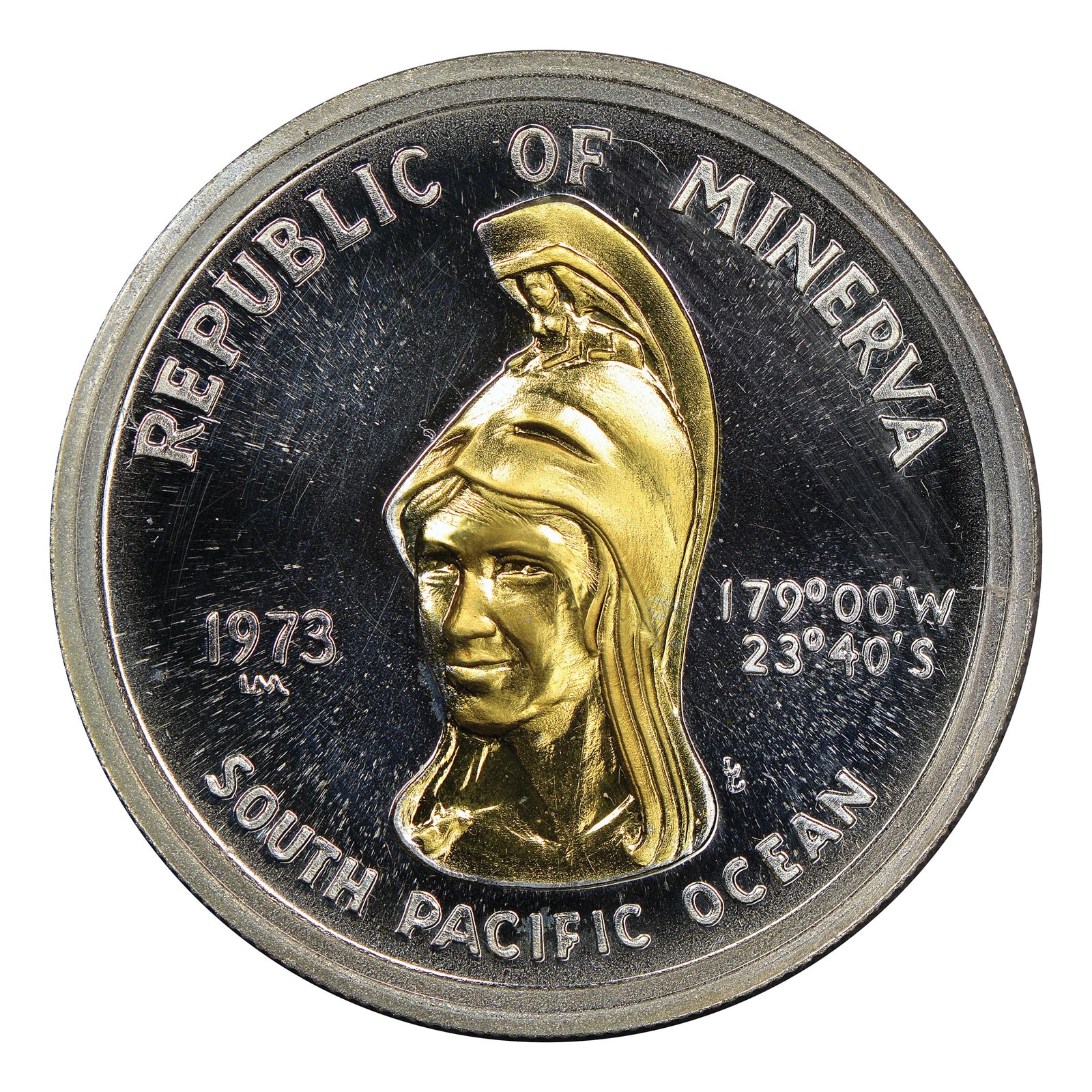 The front of a gold-and-silver coin issued in 1973 by the Republic of Minerva, a former micronation located in the South Pacific Ocean. The two atolls on which the short-lived experimental libertarian republic was based are currently submerged below the ocean’s surface.