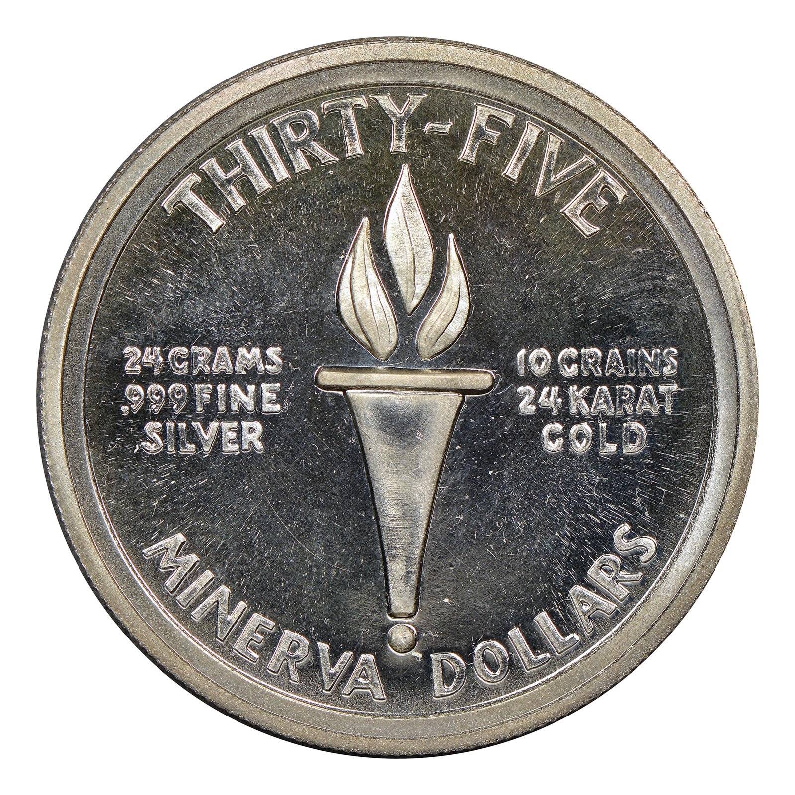 The back of a gold-and-silver coin issued in 1973 by the Republic of Minerva, a former micronation located in the South Pacific Ocean.